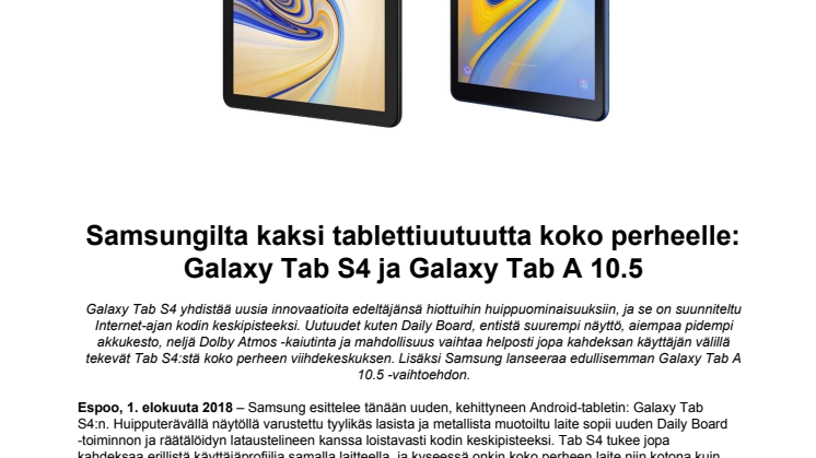 Samsungilta kaksi tablettiuutuutta koko perheelle: Galaxy Tab S4 ja Galaxy Tab A 10.5