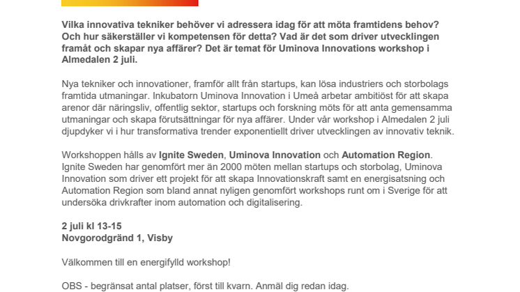 Almedalen 2019: Uminova Innovation  bjuder in till workshoppen "Drivande trender for innovation och tillväxt"