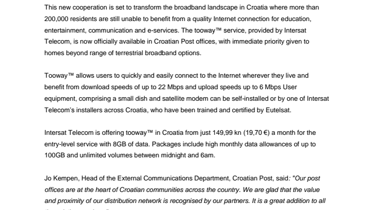 Eutelsat’s tooway™ satellite broadband service now available through Croatian Post Office network
