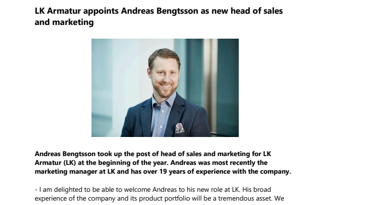 LK Armatur appoints Andreas Bengtsson as new head of sales and marketing