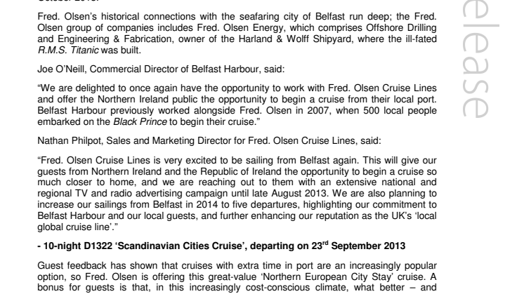 Belfast Harbour welcomes back Fred. Olsen Cruise Lines 