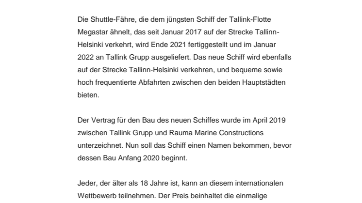 Tallink Grupp startet Namenssuche für das neue Shuttle-Schiff