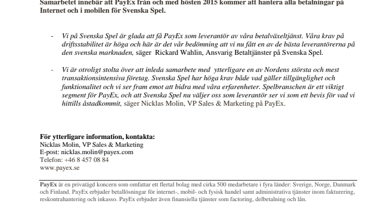 Svenska Spel väljer PayEx som ny leverantör av betalningar över nätet