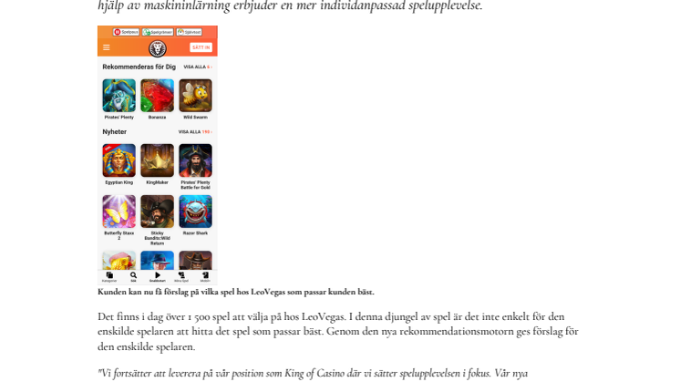 LeoVegas lanserar egenutvecklad rekommendationsmotor