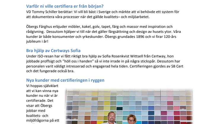 Öbergs Färghus AB – certifierade enligt ISO 9001:2015 & ISO 14001:2015 