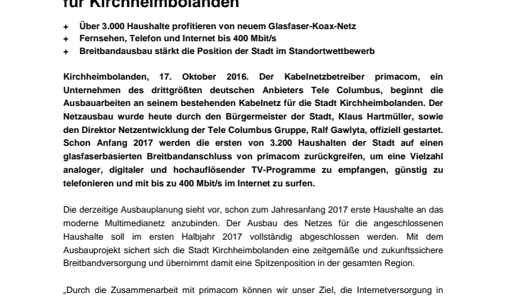  primacom startet Breitbandausbau für Kirchheimbolanden