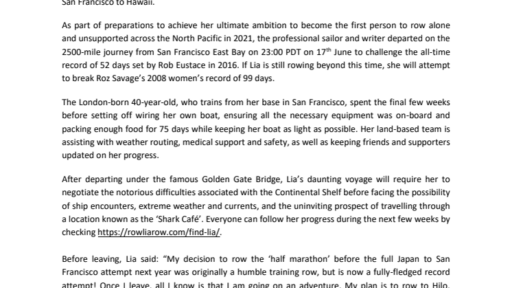 Solo Ocean Rower Lia Ditton Launches Record-Breaking Attempt on San Francisco to Hawaii Crossing