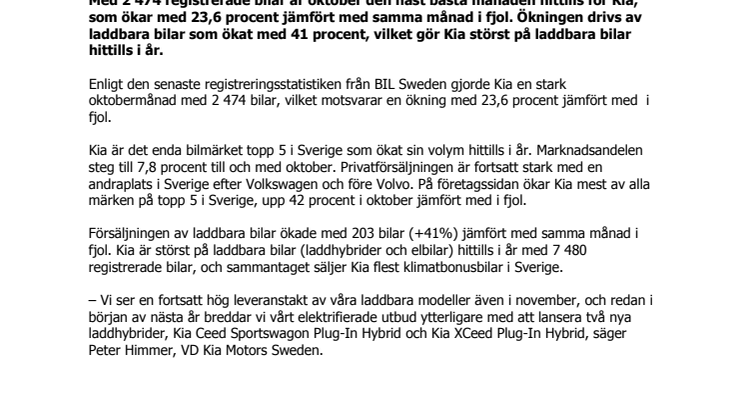 Kia störst på laddbara bilar i oktober