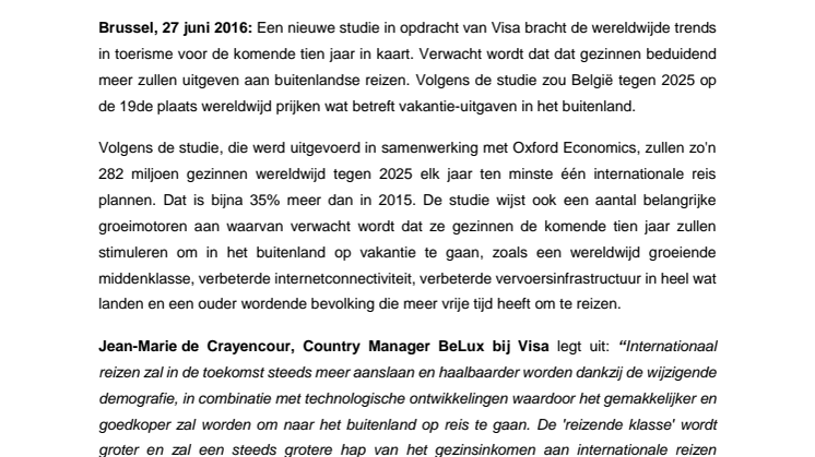 Studie Visa naar internationale gezinsreizen:  tegen 2025 prijkt België op de 19de positie wereldwijd