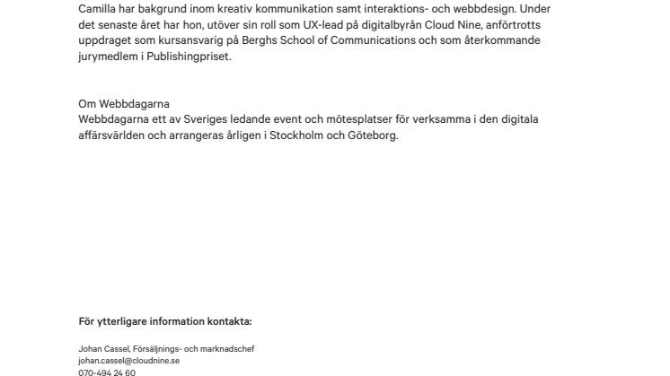 Camilla Sundberg i årets line-up på Webbdagarna i Göteborg