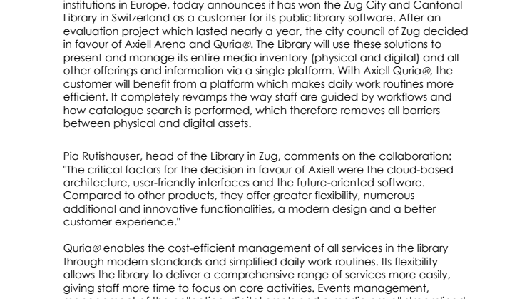 Axiell wins Zug Cantonal Library with cloud-based, digital-first library services platform