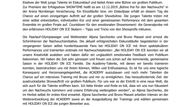 HOLIDAY ON ICE ACADEMY startet Talentaufruf für Nürnberg – Aljona Savchenko und Bruno Massot unterstützen die Nachwuchsinitiative