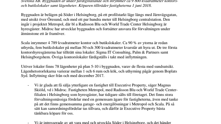 Midroc säljer fastigheterna Scala i Helsingborg till Executive Property