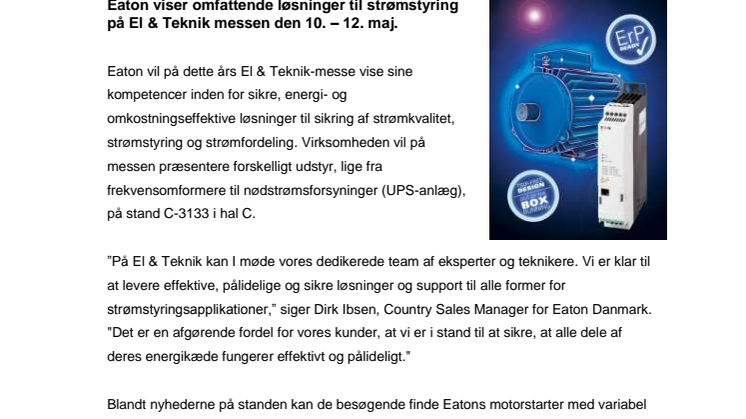 Eaton viser omfattende løsninger til strømstyring på El & Teknik messen den 10. – 12. maj.