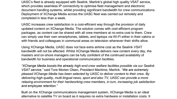 Marlink: XChange Media connects crews of global shipping company UASC to a world of news, sports and TV 