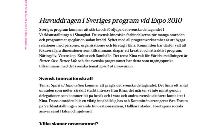 Faktablad: Sveriges program på Expo 2010 