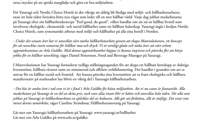 YASURAGI OCH NORDIC CHOICE HOTELS VINNER ARLA GULDKO 2015 FÖR BÄSTA MILJÖARBETE
