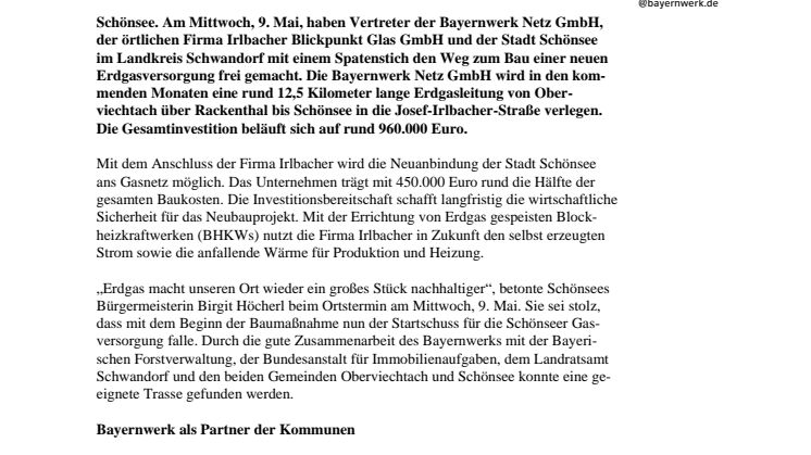 Spatenstich für neue Erdgasleitung in Schönsee