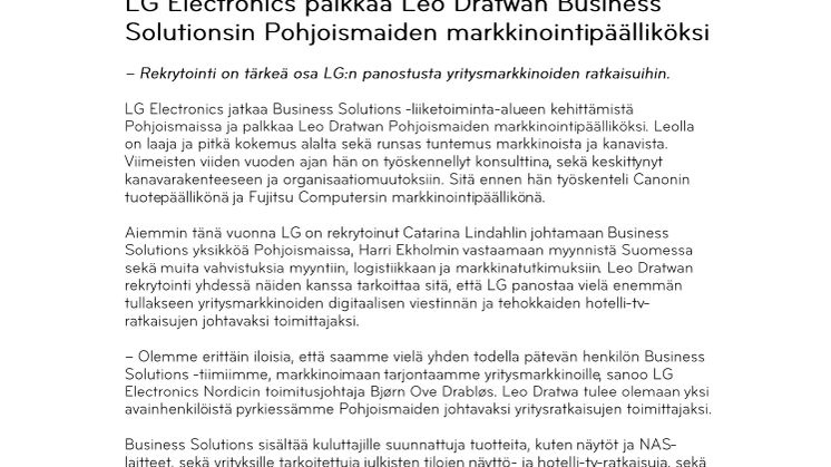 LG Electronics palkkaa Leo Dratwan Business Solutionsin Pohjoismaiden markkinointipäälliköksi