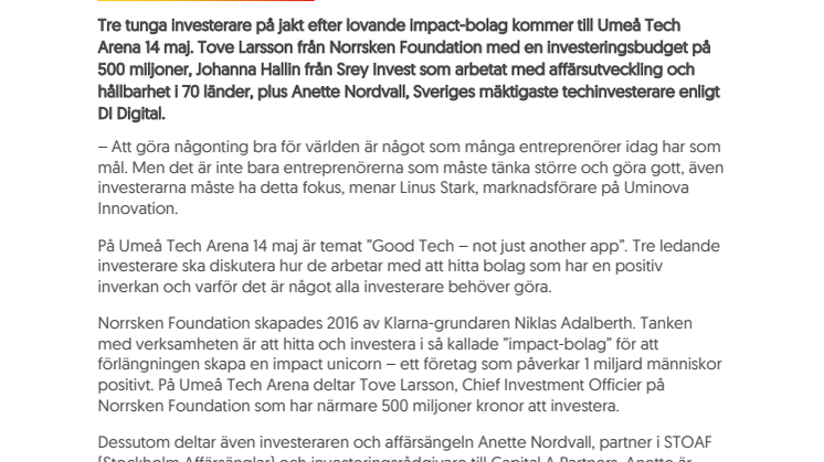 ​Tunga impact-investerare med på Umeå Tech Arena