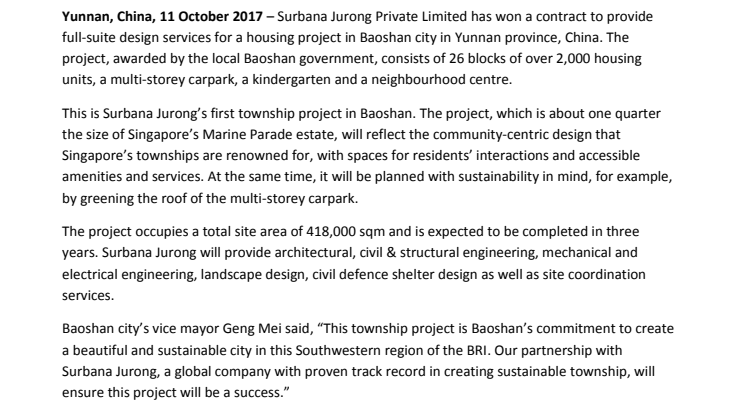 Surbana Jurong partners Yunnan's local government on housing project