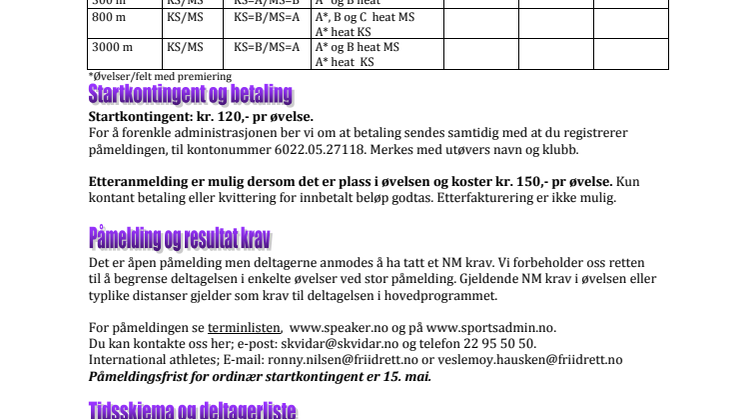 Invitasjon til SK Vidars elitestevne på Bislett Stadion 19.mai