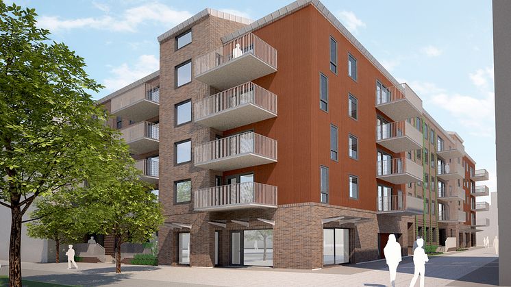 Ikano Bostad AB bygger cirka 60 bostadsrätter i kvarteret Pedalvagnen. Vy från Industrigatan mot den nya kvartersgatan Spårvägen i Sorgenfri.