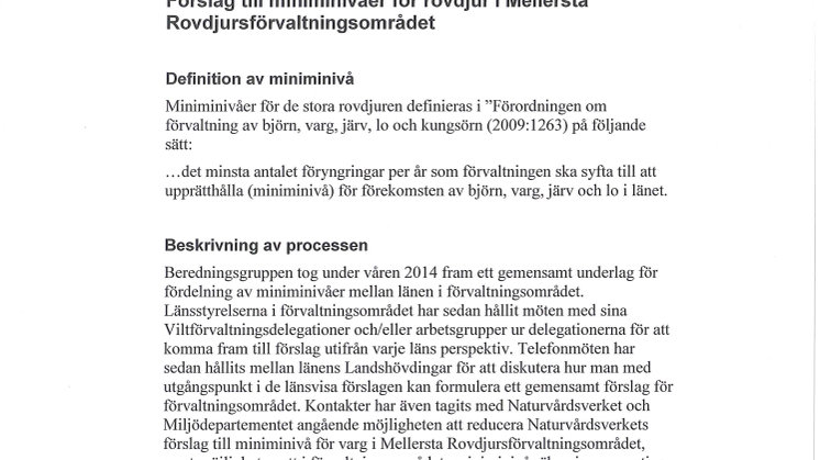 Förslag till miniminivåer för stora rovdjur i Mellersta förvaltningsområdet