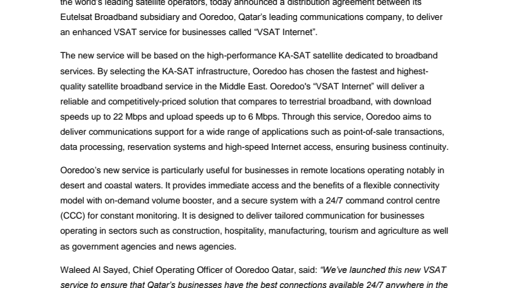Ooredoo chooses Eutelsat’s high-performance KA-SAT satellite to launch new broadband services for businesses in Qatar
