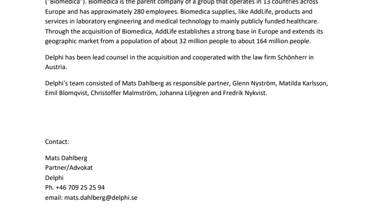 Delphi advisor to AddLife in the acquisition of Biomedica
