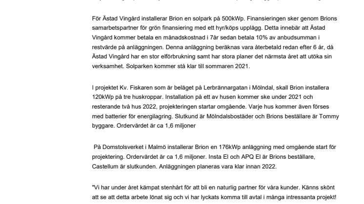 Brion rivstartar de nya året inom Solenergi