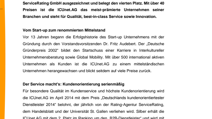 Ausgezeichnet gelaufen: Die ICUnet.AG gehört zu Deutschlands kundenorientiertesten Dienstleistern 2014