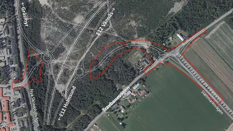 Bilden illustrerar området för trafikplats Röbäck, Västra länken, Umeå