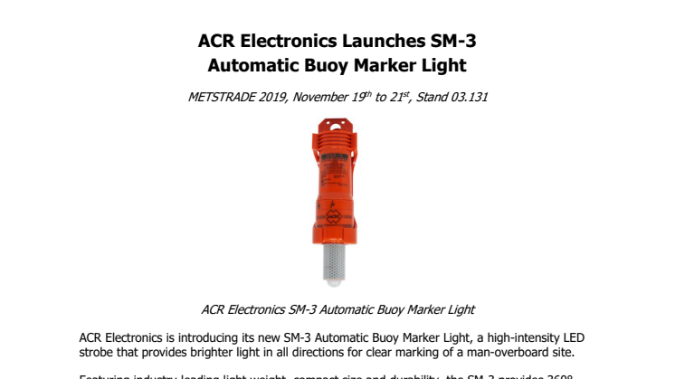 ACR Electronics Launches SM-3 Automatic Buoy Marker Light