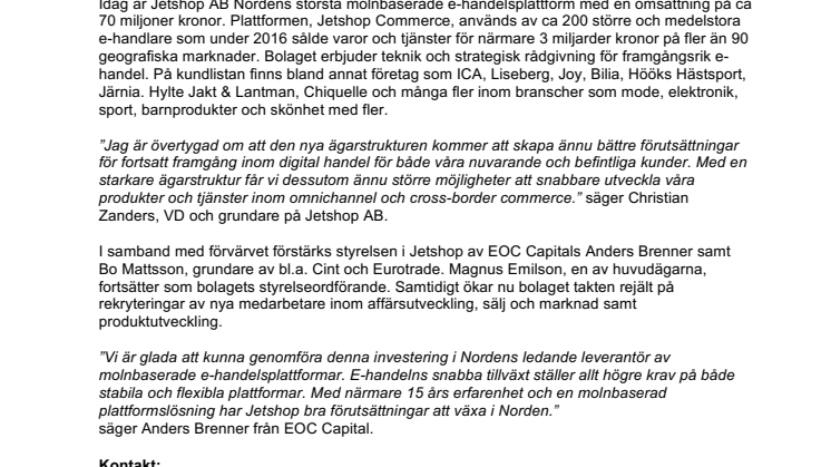 EOC Capital förvärvar Jetshop AB tillsammans med bolagets ledning och huvudägare
