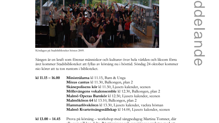 Kördag på Stadsbiblioteket 24 oktober kl 11.15 – 16.00