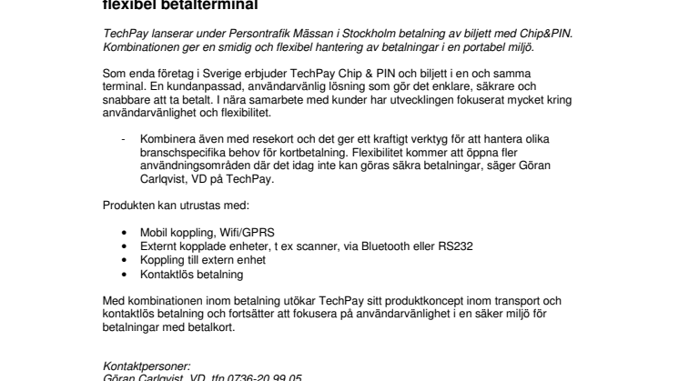 TechPay lanserar betalning av biljett med chip & Pin