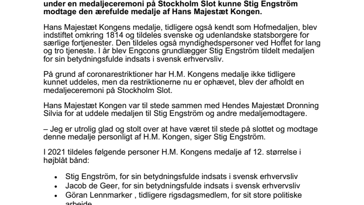 281021_Press_Engcons grundlægger Stig Engström modtog en medalje af H.M. Kongen på Stockholms slot