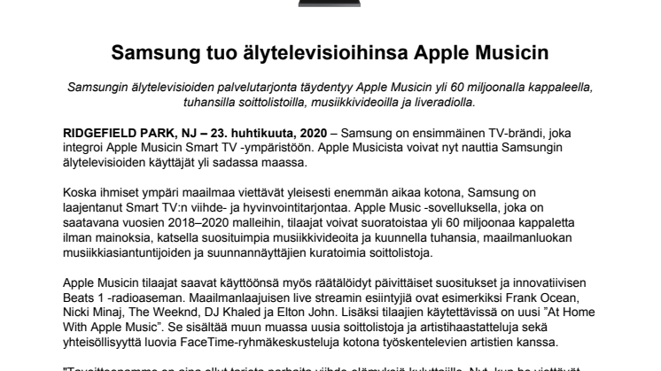 Samsung tuo älytelevisioihinsa Apple Musicin