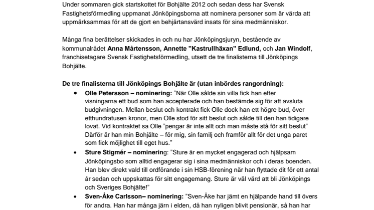 Finalisterna i Jönköpings Bohjälte är nu utsedda