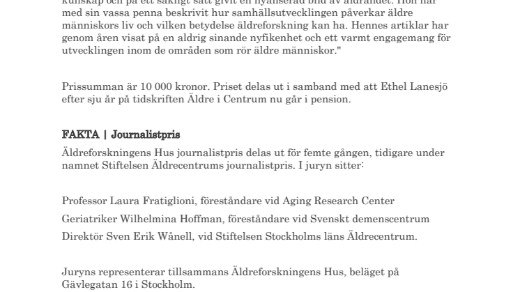 Äldreforskningens Hus Journalistpris 2012 tilldelas Ethel Lanesjö