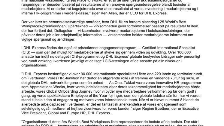 DHL Express er kåret som en af verdens bedste arbejdspladser