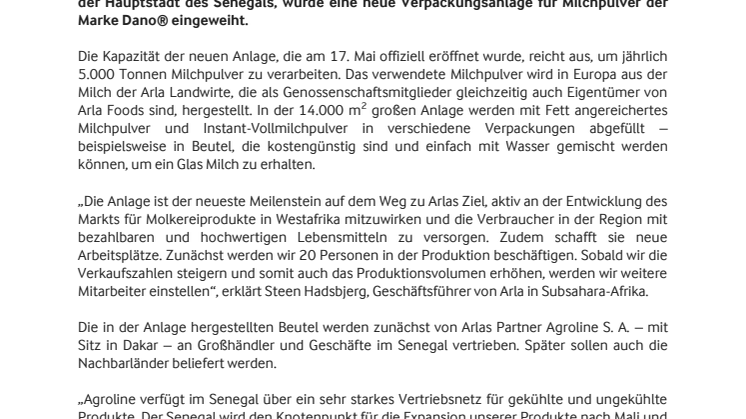 Arla eröffnet neuen Produktionsstandort im Senegal   
