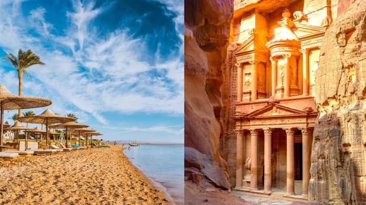 Röda havet bjuder in till härliga bad. Världsarvet Petra, ett exempel av de många fantastiska platser som finns att besöka i Jordanien. (Montage, bägge bilderna är från Adobe stock)