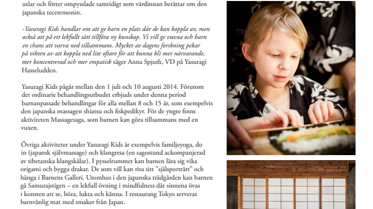 Yasuragi Kids lanserar sushiskola och duobehandling för barn