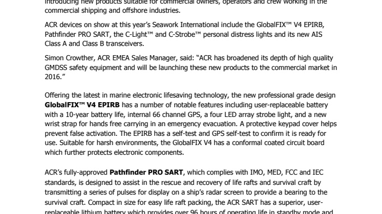 ACR Electronics Inc: Launches New Products At Seawork   
