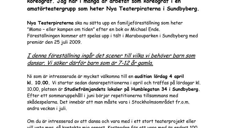 Unga dansare sökes för pjäsen "Momo - eller kampen om tiden"