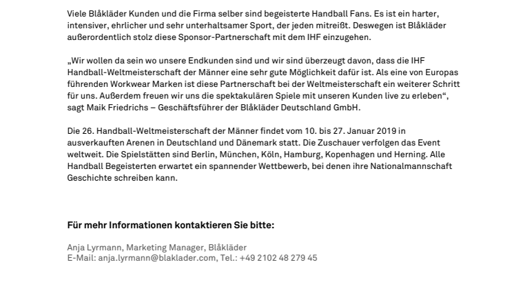BLÅKLÄDER WIRD „OFFICIAL SPONSOR“ DER  IHF HANDBALL-WELTMEISTERSCHAFT DER MÄNNER