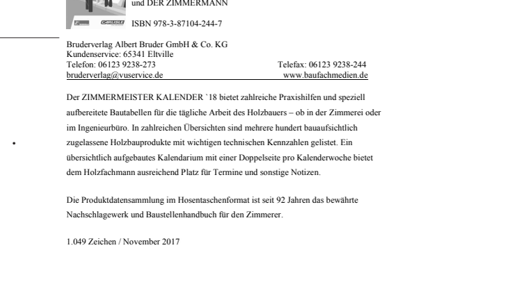 ZIMMERMEISTER KALENDER `18