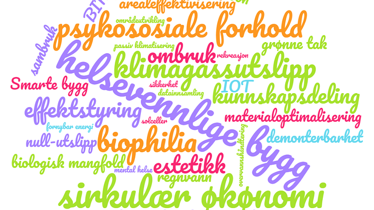 Ordskyen viser typiske temaer som vurderes i arbeidet med BREEAM-NOR 2021 (listen er ikke uttømmende).